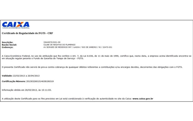 Documento Flamengo certidão FGTS (Foto: Reprodução)