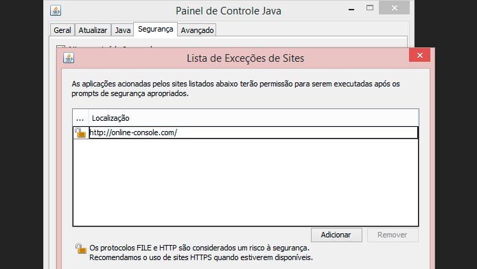 Coloque o Online Consoles na lista de exceções do Java para que os jogos funcionem (Foto: Reprodução/Tais Carvalho)