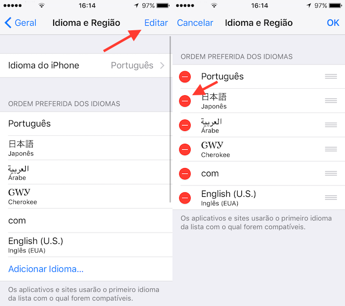 Opção para editar as opções de idioma e região do iOS (Foto: Reprodução/Marvin Costa)