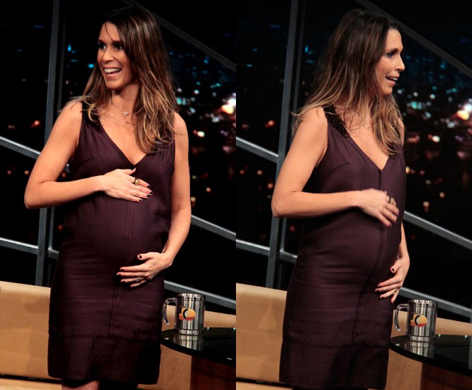 Sarah Oliveira mostra a barriga de grávida no 'Programa do Jô' (Foto: Marcos Mazini/Gshow)