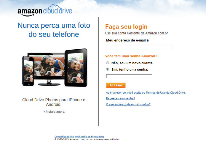 Faça seu login no Amazon Cloud Drive e ganhe 5GB para armazenar seus arquivos (Foto: Reprodução/Carol Danelli) Faça seu login no Amazon Cloud Drive e ganhe 5GB para armazenar seus arquivos (Foto: Reprodução/Carol Danelli)