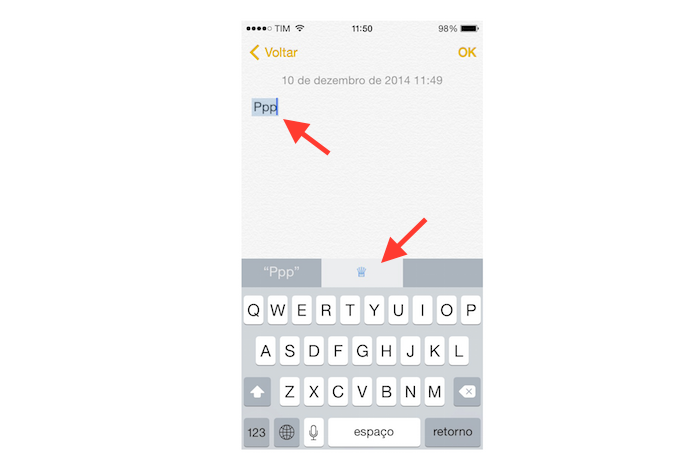 Utilizando o atalho que insere um caractere especial a um texto com o teclado padrão do iOS (Foto: Reprodução/Marvin Costa)