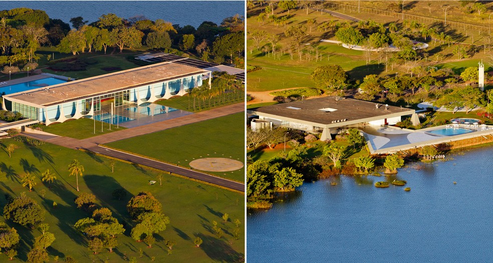 Imagens aéreas mostram os palácios da Alvorada (esq.) e do Jaburu (dir.) (Foto: Ichiro Gerra/Presidência da República)