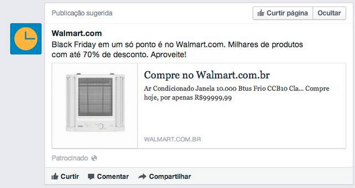 Anúncio do Walmart no Facebook saiu com preço de R$ 99999,99 (Foto: Reprodução/Facebook)