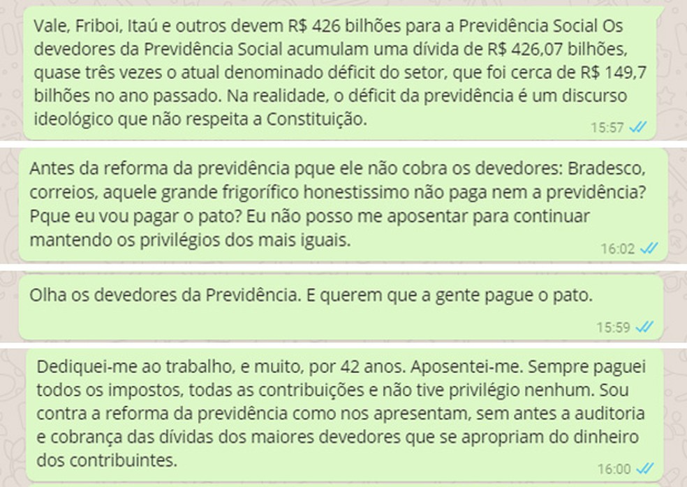 Mensagens no Whatsapp cobram o pagamento da dívida e questionam o déficit da Previdência (Foto: Reprodução)