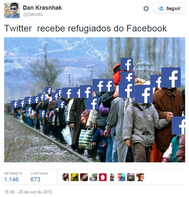 Usuário do Twitter brinca com onda de usuários que foram para o microblog após Facebook sair do ar (Foto: Reprodução/Twitter/Danzits)