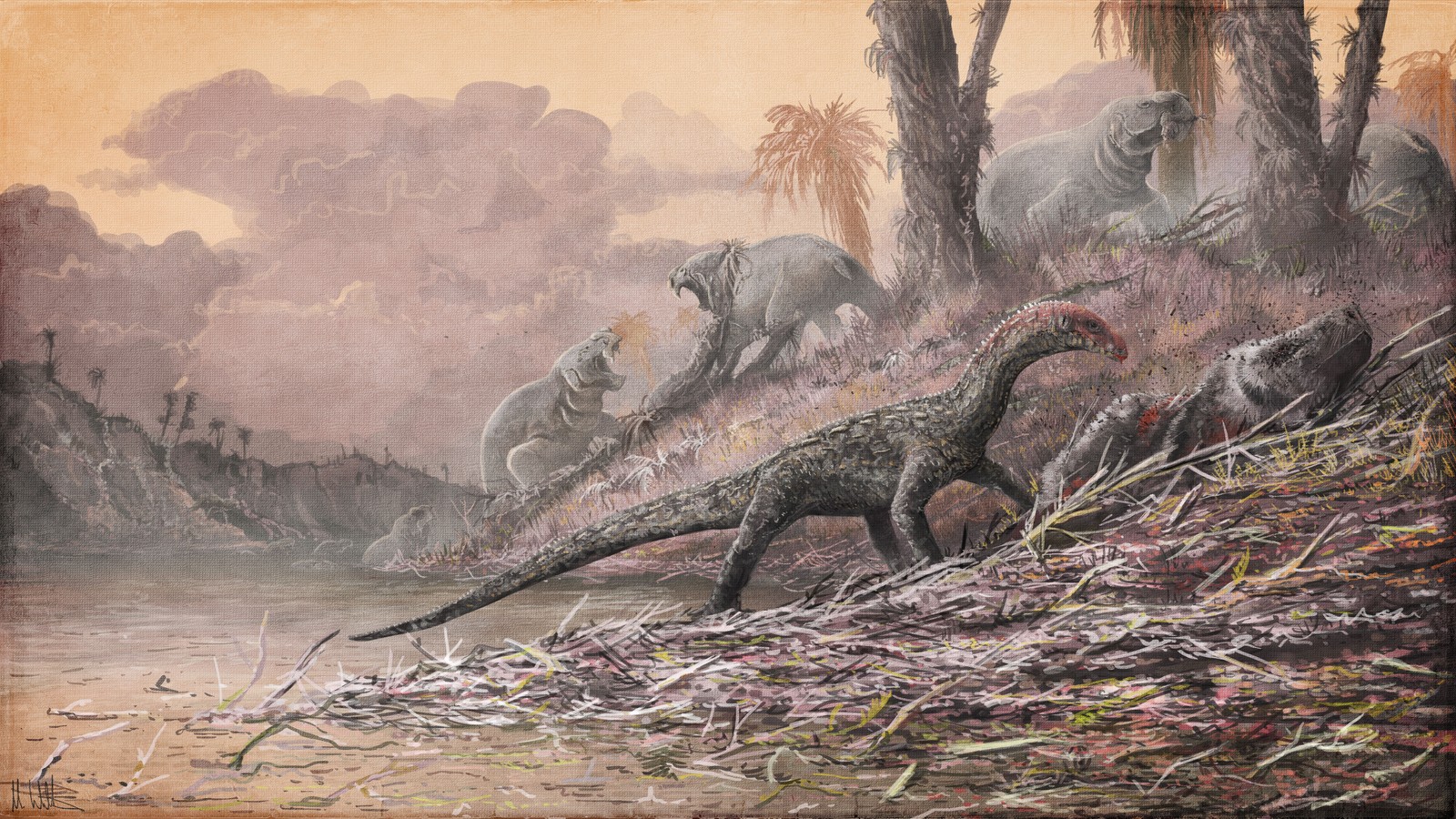 Reconstrução da vida de Teleocrater rhadinus, em ilustração, ao lado de um parente antigo dos mamíferos, o Cynognathus. (Foto: Natural History Museum, London, artwork by Mark Witton)