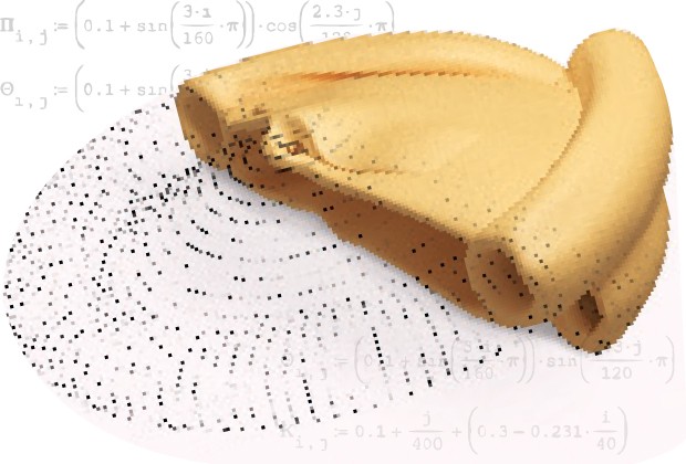O DESIGN DA MASSA Uma ilustração de um capelete  no livro Pasta by design.  O arquiteto George Legendre, professor de Harvard, usa equações de trigonometria  para analisar a estrutura de diferentes formatos de macarrão (Foto: Pedro Schimidt)