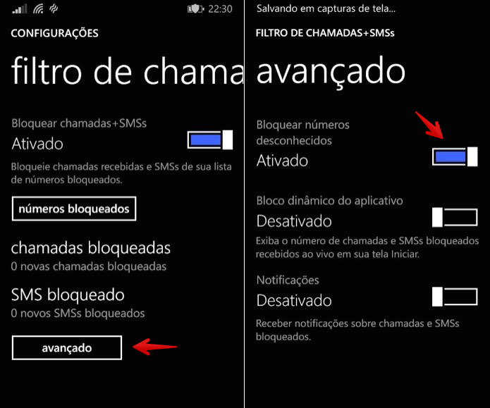 Ativando o bloqueio de chamadas de números desconhecidos (Foto: Reprodução/Helito Bijora)