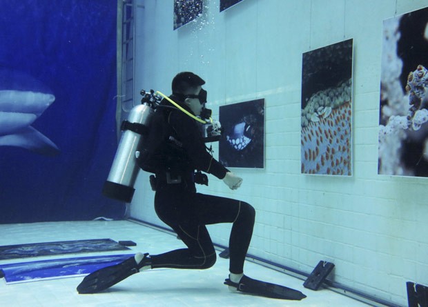 Exposição fotográfica foi realizada dentro de piscina  (Foto: Kim Kyung-hoon/Reuters)