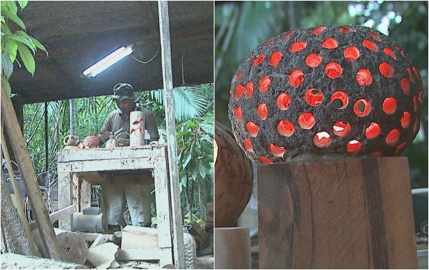 Artesão constrói luminárias com elementos da floresta (Foto: Amazônia em Revista)