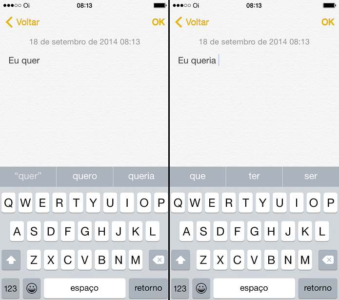 Teclado do iOS agora sugere melhor palavras ou um conjunto delas (Foto: Reprodução/Edivaldo Brito)