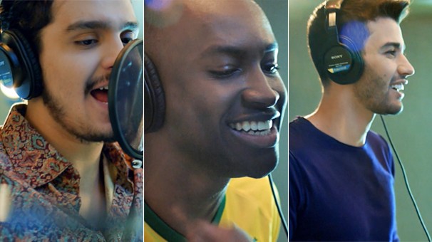 Com o coração batendo a mil, Luan Santana, Thiaguinho e Gusttavo Lima cantam a músa da Globo para a Copa (Foto: Globo)