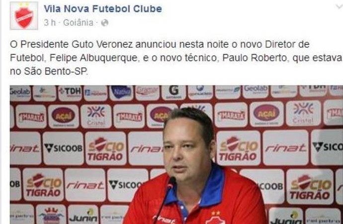 Vila Nova chegou a anunciar técnico, mas apagou a postagem nas redes sociais (Foto: Reprodução / Facebook)