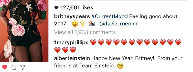 Conta de Einstein diz: &#39;Feliz ano novo, Britney! Dos seus amigos na equipe Einstein&#39; (Foto: Reprodução/Instagram)