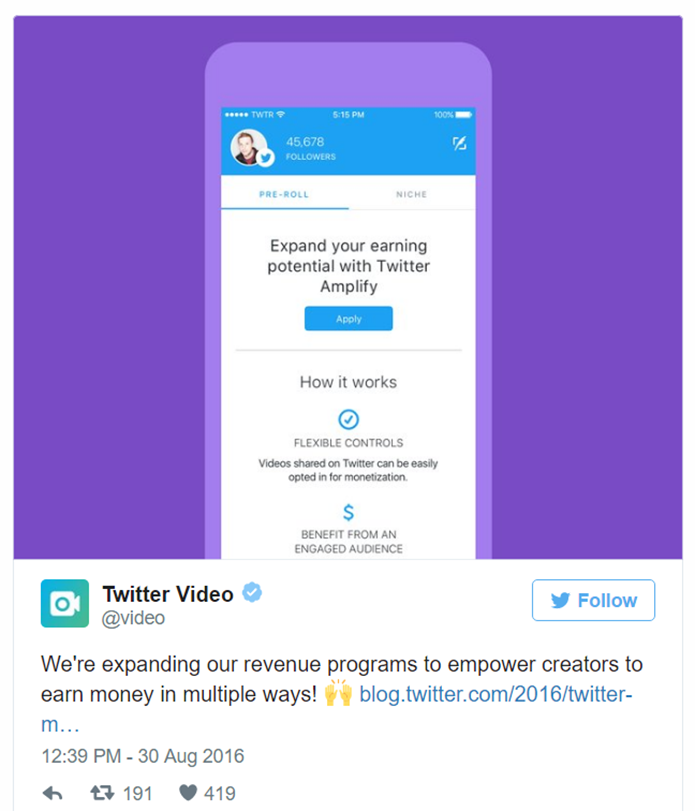 Twitter começa a liberar anúncios pre-roll em vídeos para usuários norte-americanos com remuneração mais agressiva do que a praticada no YouTube (Foto: Reprodução/Twitter)