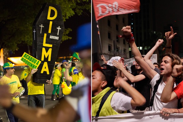 Protesto pró-impeachment em Brasília (à esquerda) e ato em defesa do governo em São Paulo (à direita): longo processo pode alienar ainda mais brasileiros da polítca, destaca publicação (Foto: Leo Correa/AP e Andre Penner/AP)