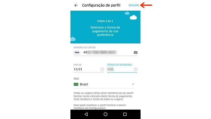 Informação dos dados do cartão de crédito do perfil familiar (Foto: Reprodução/Raquel Freire)