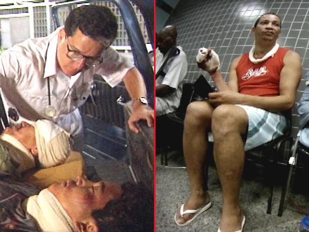 Em 1992, pacientes graves atendidos dentro de um carro da família, por falta de ambulâncias (à esquerda) no Hospital municipal Souza Aguiar. Em 2012, um rapaz baleado na mão espera mais de seis horas por atendimento (Foto: Reprodução/TV Globo)