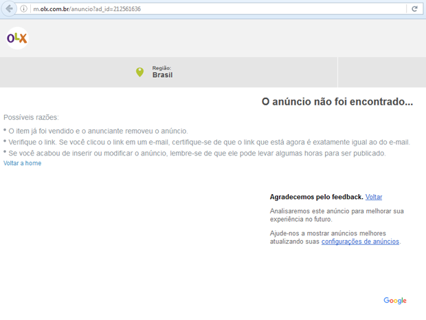 Página da internet para a compra do violão no site da OLX não encontra o produto; entre os motivos, podem estar a venda ou a retirada do anúncio do violão (Foto: Internet/Reprodução)
