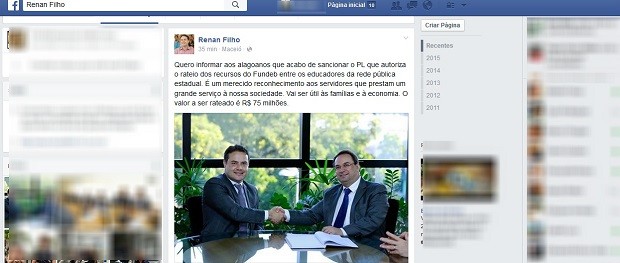 Renan Filho anuncia nas redes sociais que sacionou o PL do rateio do Fundeb (Foto: Reprodução/Facebook)