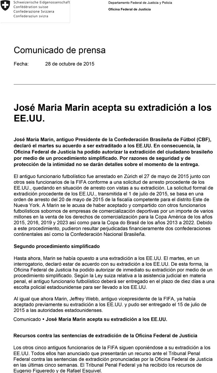 Documento extradição José Maria Marin FIFA
