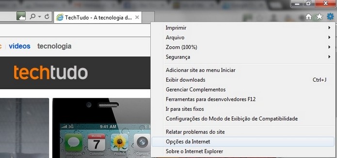 Caminho para abrir as opções da Internet no IE (Foto: Reprodução/Raquel Freire)