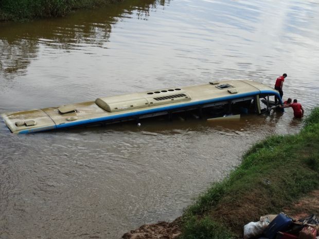 Ônibus tomba e cai dentro de rio na BR-116 entre Muriaé e Miradouro, MG (Foto: Silvan Alves/Silvanalves.com.br)