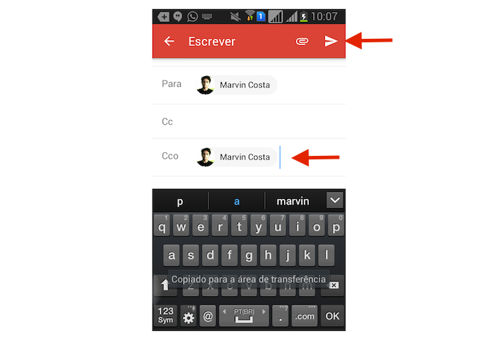 Adicionando um destinatário em cópia oculta no aplicativo do Gmail para Android (Foto: Reprodução/Marvin Costa) Adicionando um destinatário em cópia oculta no aplicativo do Gmail para Android (Foto: Reprodução/Marvin Costa)