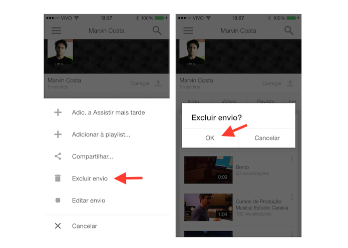 Excluindo um vídeo de uma conta no YouTube através de um dispositivo iOS (Foto: Reprodução/Marvin Costa)