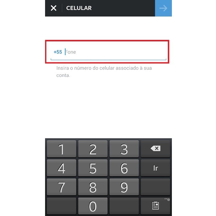 Inserindo o número do celular para recuperar a senha (Foto: Reprodução/Lívia Dâmaso)