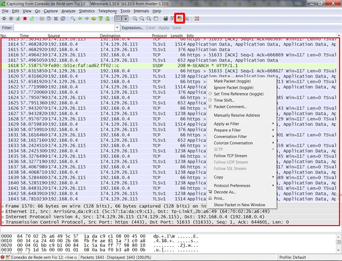 Visualize a listagem dos pacotes de dados recebidos e enviados por sua rede e clique no botão em destaque para saber o significado das cores de status (Foto: Reprodução/Daniel Ribeiro)