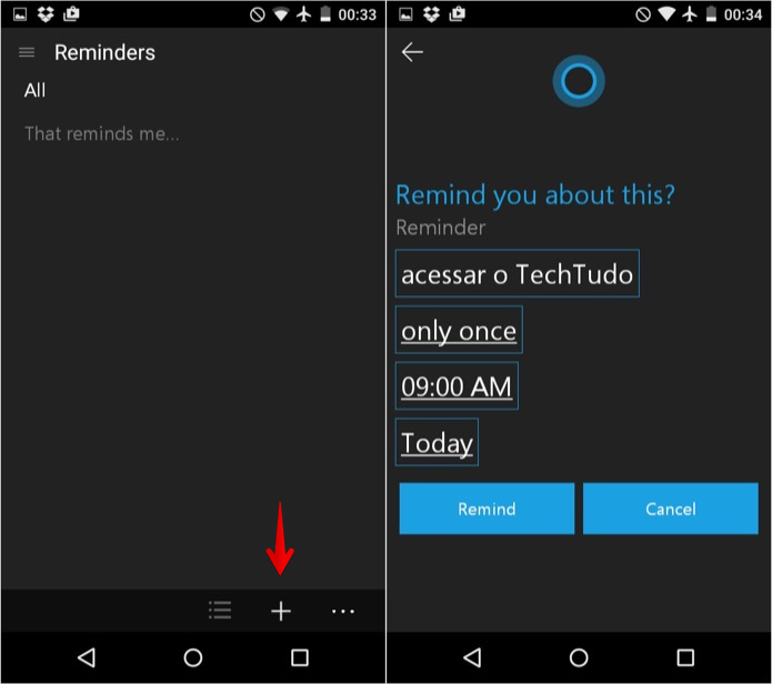 Adicionando lembre à Cortana (Foto: Reprodução/Helito Bijora) 