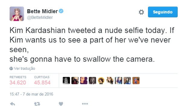 Bettle Midler critica fotos de Kim Kardashian nua (Foto: Reprodução/Twitter) Bettle Midler critica fotos de Kim Kardashian nua (Foto: Reprodução/Twitter)