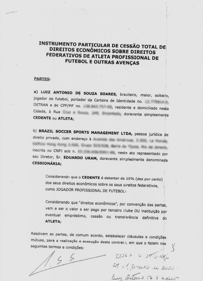 Documento Luiz Antonio Flamengo - Página 2 (informações borradas) (Foto: Reprodução)
