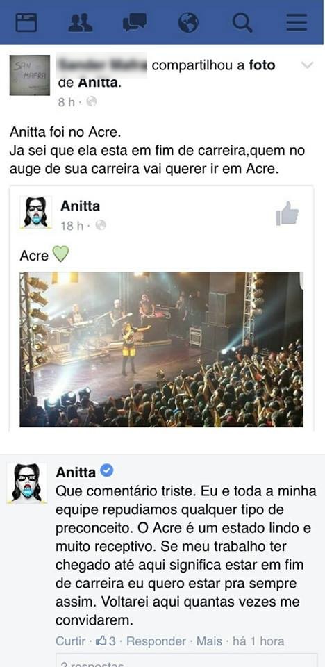 Anitta respondeu comentário preconceituoso sobre shows no Acre (Foto: Reprodução/Facebook)