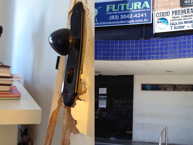 Pelo menos duas salas foram arrombadas no prédio comercial, onde funciona a 61ª Zona Eleitoral, na cidade de Bayeux, na Região Metropolitana de João Pessoa. De acordo com o dentista dono de uma das salas arrombadas, o furto aconteceu entre a noite da quarta-feira (18) e a manhã desta quinta (19). “Cheguei às 6h30 aqui e encontrei meu consultório arrombado. Foram levados uma televisão, um celular e uma quantia de R$ 90. Chamamos a polícia, mas ainda não sabemos como isso aconteceu”, comentou. Segundo a 5ª Delegacia Distrital, em Bayeux, a ocorrência não foi registrada na delegacia   (Foto: Walter Paparazzo/G1)