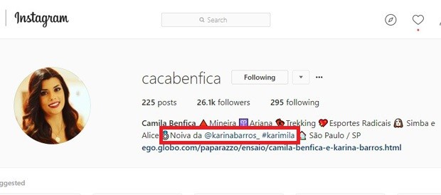 Camila Benfica cita noivado com Karina Barros (Foto: Reprodução/Instagram) Camila Benfica cita noivado com Karina Barros (Foto: Reprodução/Instagram)