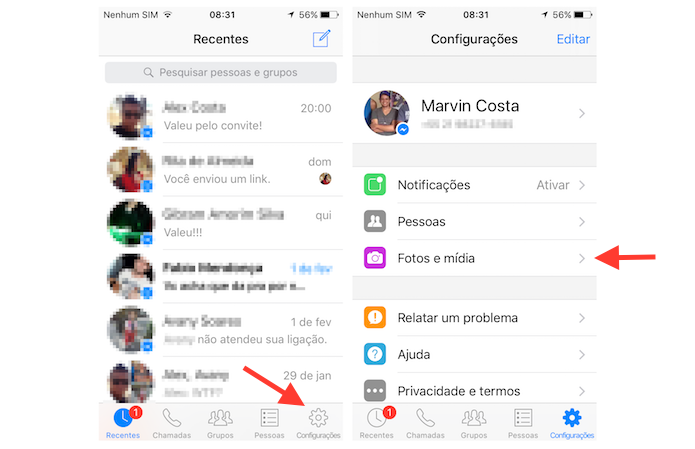 Acessando as configurações para fotos e vídeos no Facebook Messenger para iPhone (Foto: Reprodução/Marvin Costa)