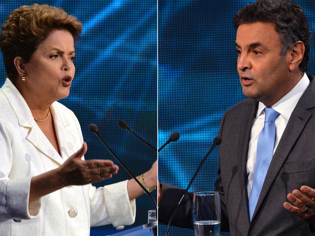 Combinação de fotos dos candidatos à Presidência da República Dilma Rousseff (PT) e Aécio Neves (PSDB) durante debate em São Paulo (SP) (Foto: Nelson Almeida/AFP)