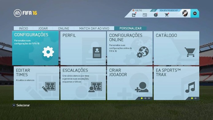 No menu do Fifa 16, vá em Personalizar e clique em Configurações (Foto: Reprodução/Lucas Mendes)
