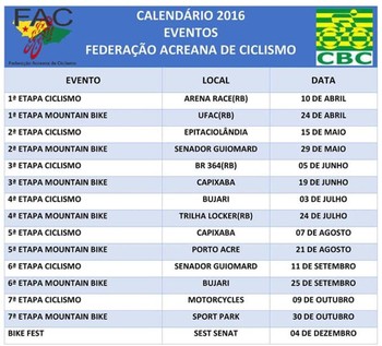 Calendário 2016 da Federação Acreana de Ciclismo (FAC) (Foto: FAC/Divulgação)