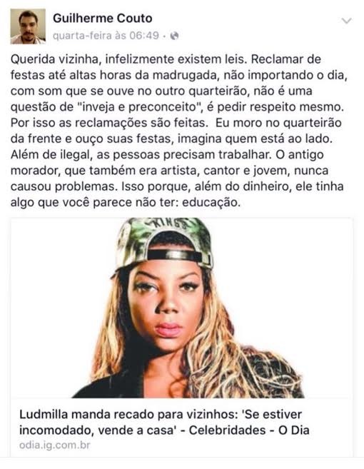 Vizinho chama Ludmilla de sem educação (Foto: reprodução/facebook)