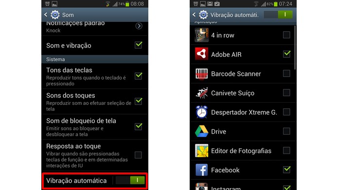 Desligue o recurso da Vibração automática ou selecione os apps que poderão utilizá-lo (Foto: Reprodução/Daniel Ribeiro)