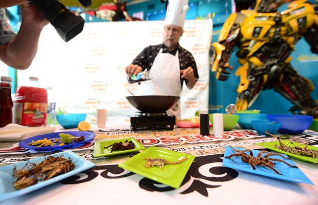 Dvid G. Gordon salpica formigas chinesas em sua receita de grilos com milho durante apresentação de novos pratos  (Foto: Federic J. Brown/AFP)