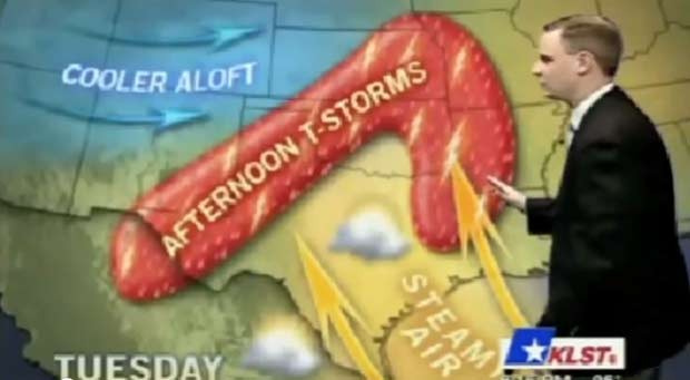 Em 2010, a emissora de TV 'KLST', de San Angelo, no estado do Texas (EUA), cometeu uma gafe ao mostrar o mapa da previsão do tempo em formato de um pênis gigante durante um programa apresentado pelo meteorologista Nick Kraynok. (Foto: Reprodução)