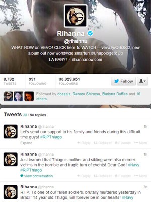 Perfil da cantora Rihanna homenageando f brasileiro (Foto: Reproduo/Twitter Rihanna)