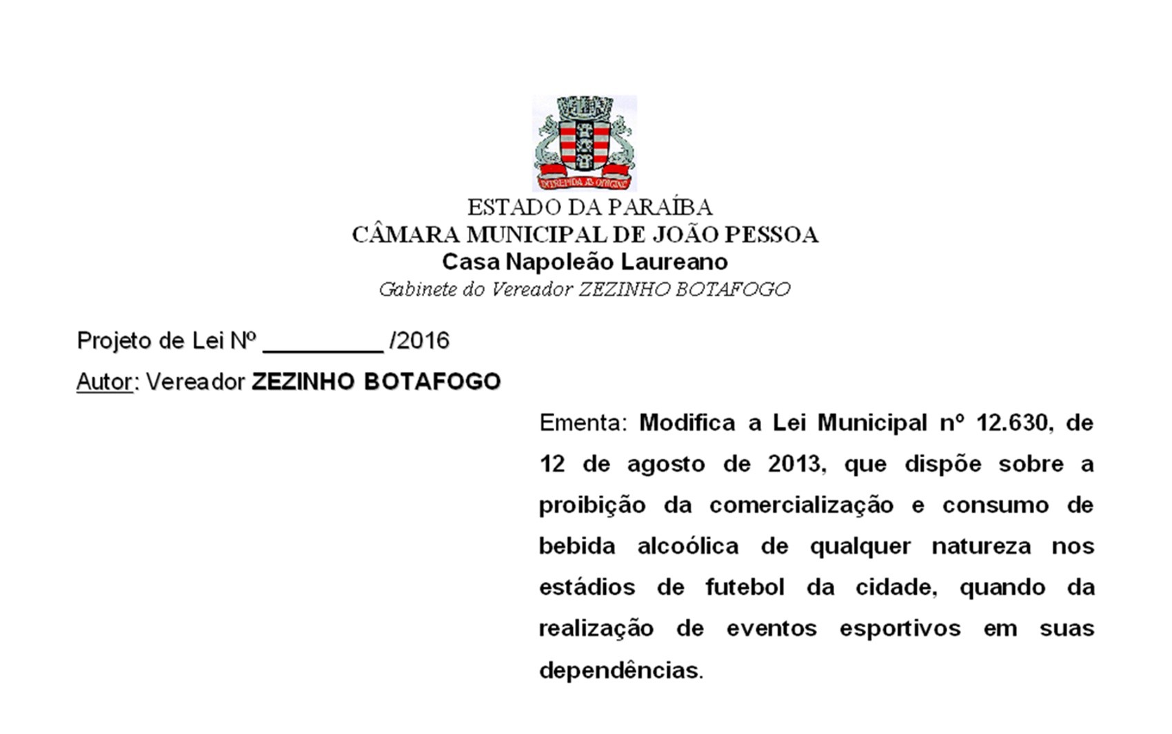Projeto de Lei modifica uma lei anterior que previa a proibição da comercialização de bebida nos estádios de João Pessoa (Foto: Reprodução/Sistema de Apoio ao Processo Legislativo/CMJP)