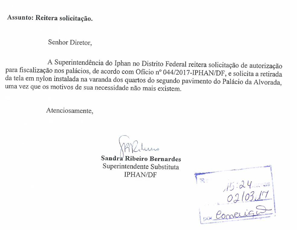 Pedido do Iphan em que cobra fiscalização e retirada de tela de nylon do Alvorada (Foto: Reprodução)