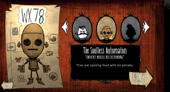 Tela de seleção com WX-78 (Foto: Reprodução/Dont Starve News Adventure)